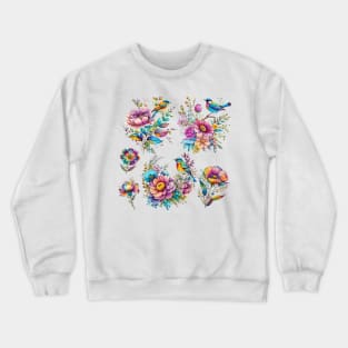 Colorful Songbirds and Flowers Crewneck Sweatshirt